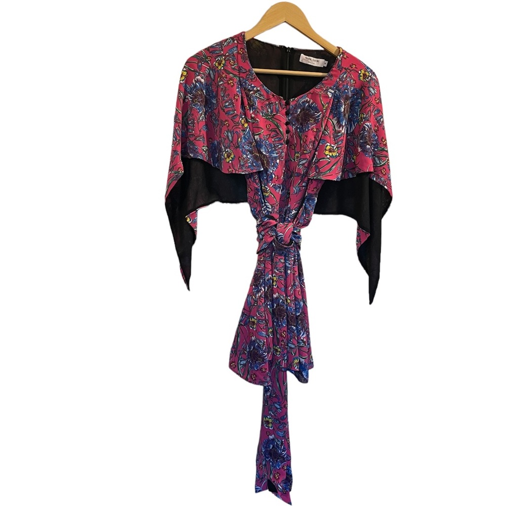 PRABAL GURUNG Collective Pink Floral Cape-Sleeve Tunic Blouse Belted - Size 6 - Picture 3 of 11